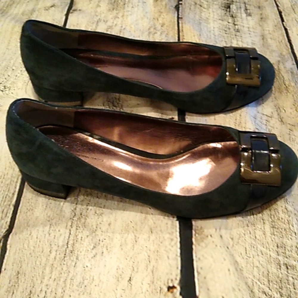INC Kayla blue leather/suede flats, size 8.5 adorned with black/silver buckle.